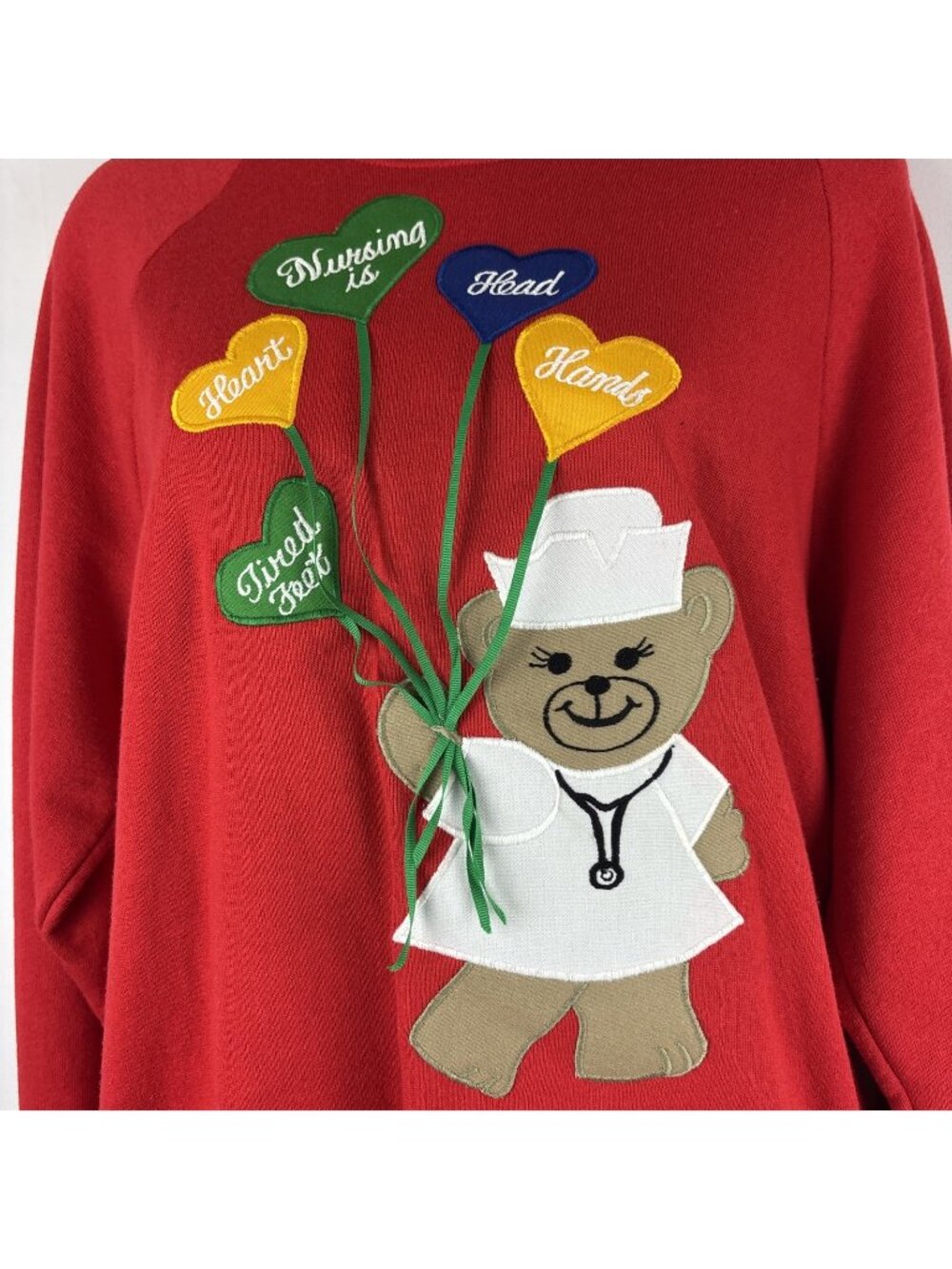 Jerzees Nurse Teddy Bear Red Sweatshirt Large Medical Cottagecore Vintage 90s